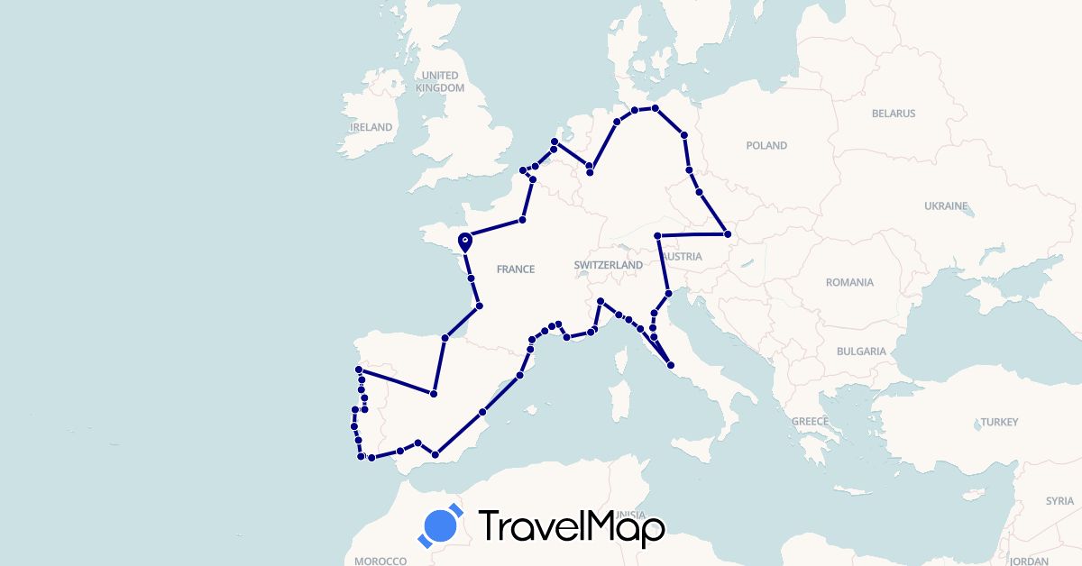 TravelMap itinerary: driving in Austria, Belgium, Czech Republic, Germany, Spain, France, Italy, Netherlands, Portugal (Europe)